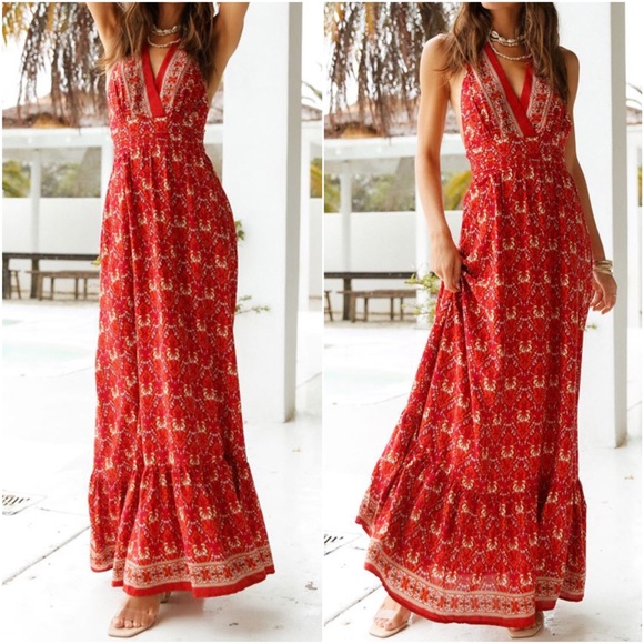 Boho Floral Print halter Ruffle Maxi Dress - Picture 4 of 5